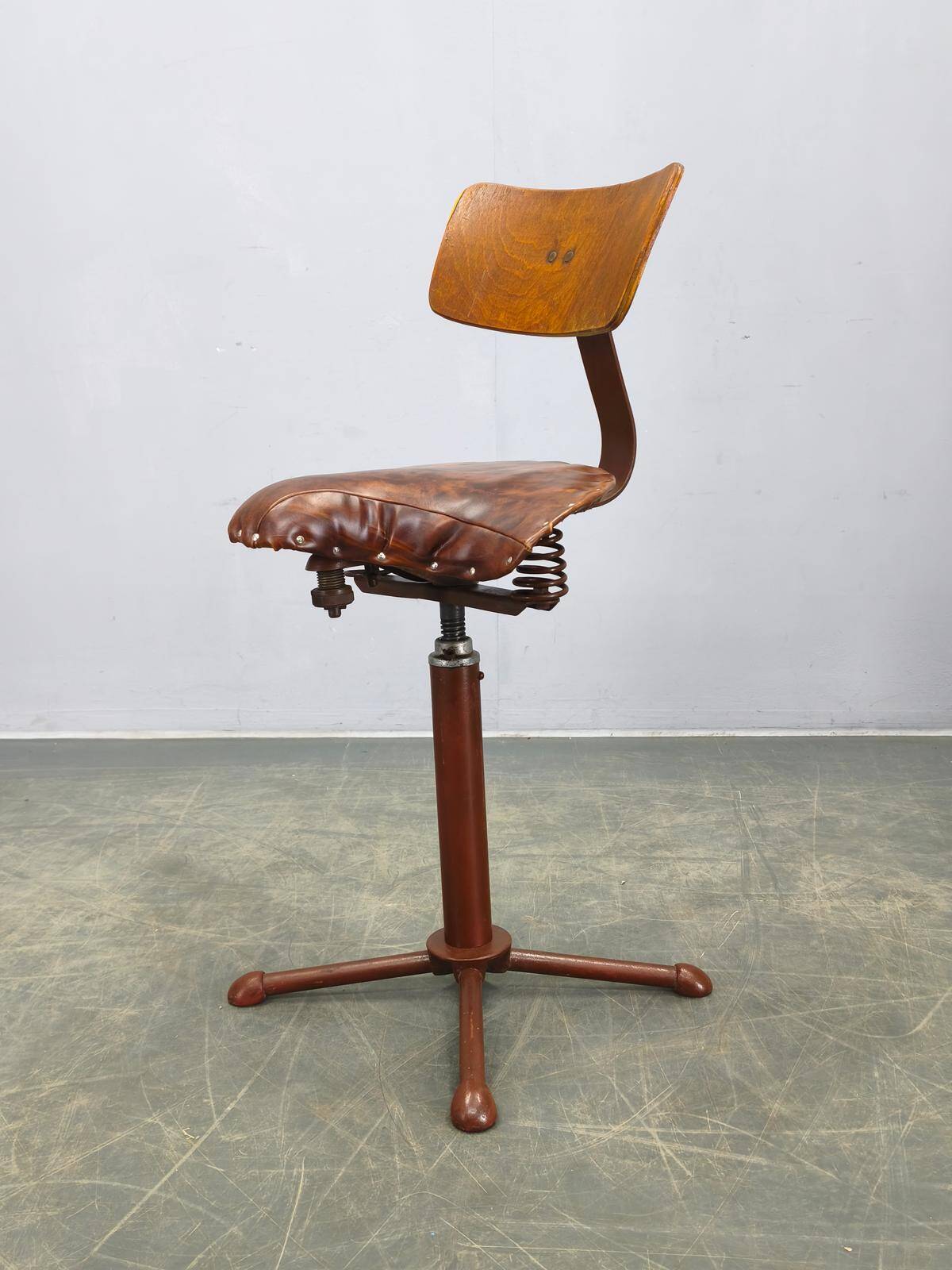 1930s Industrial Adjustable Swivel Chair with Leather Seat