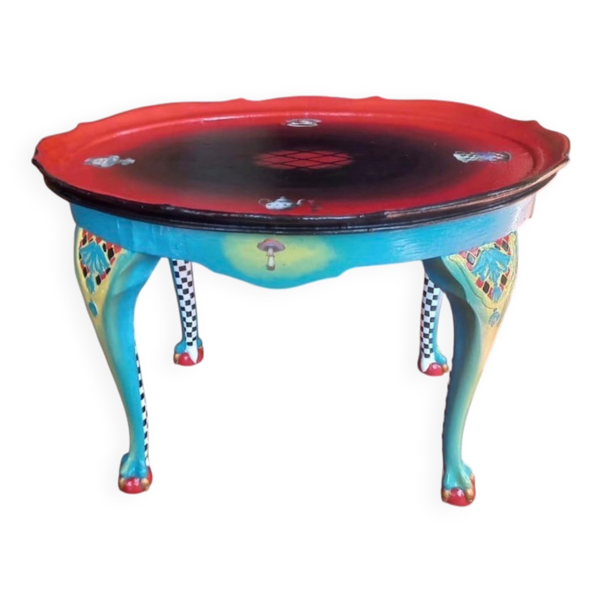Table d'appoint « Mange-moi, bois-moi ». Ancienne, relookée, sur le thème d