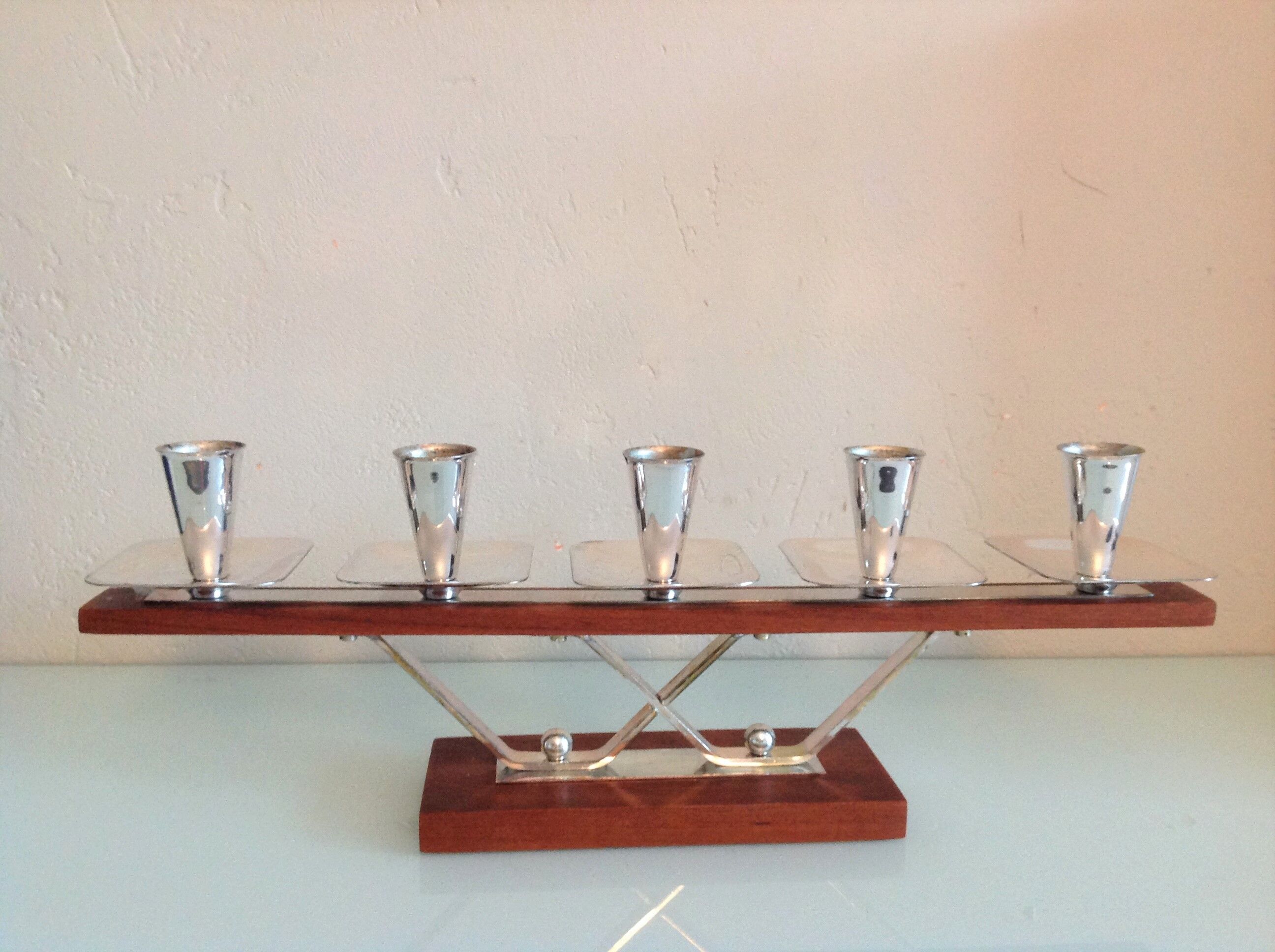 Five-head chandelier in teak and chrome metal Scandinavian style / vintage 60s-70s