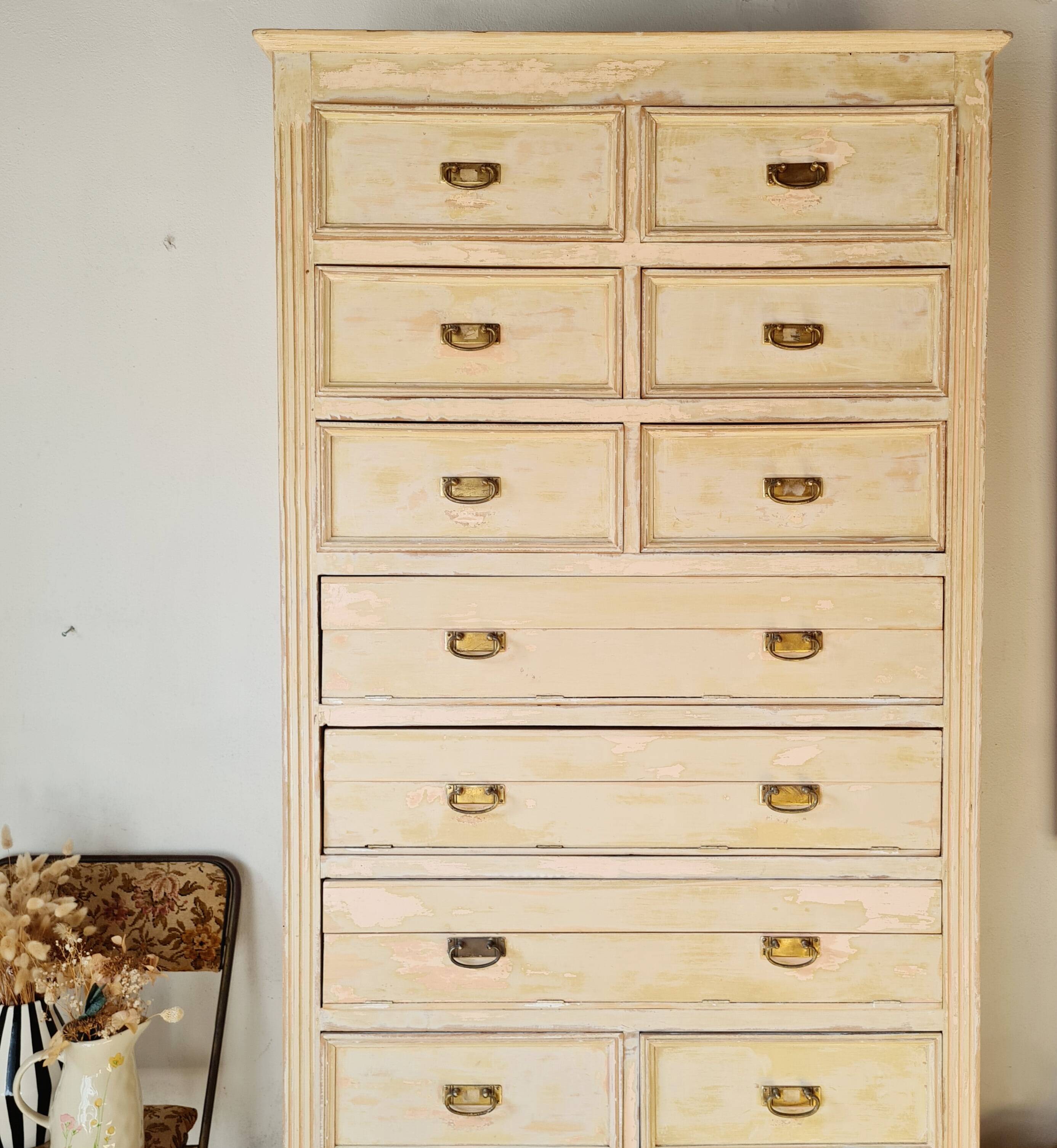 Craft furniture haberdashery - tall patinated chest of drawers - XXL chest of drawers