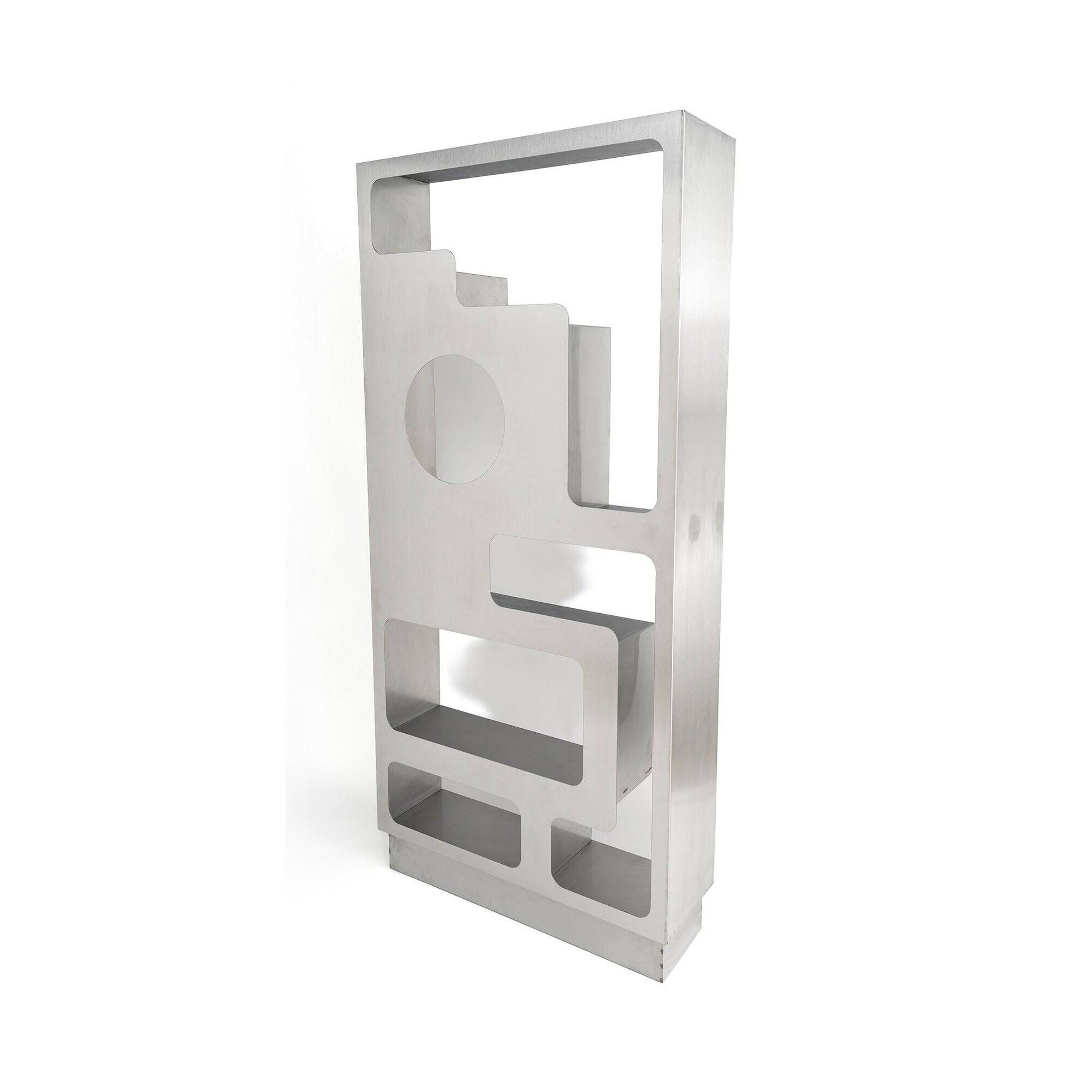 Pair of perforated brushed stainless steel screens, contemporary French work.