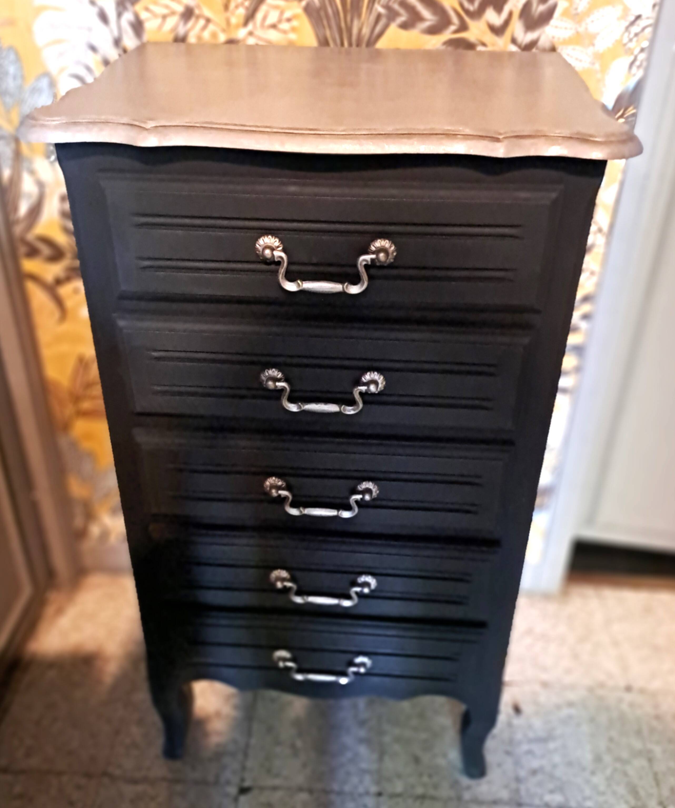 Black and grey painted wooden chest of drawers from France 1950 with 5 drawers