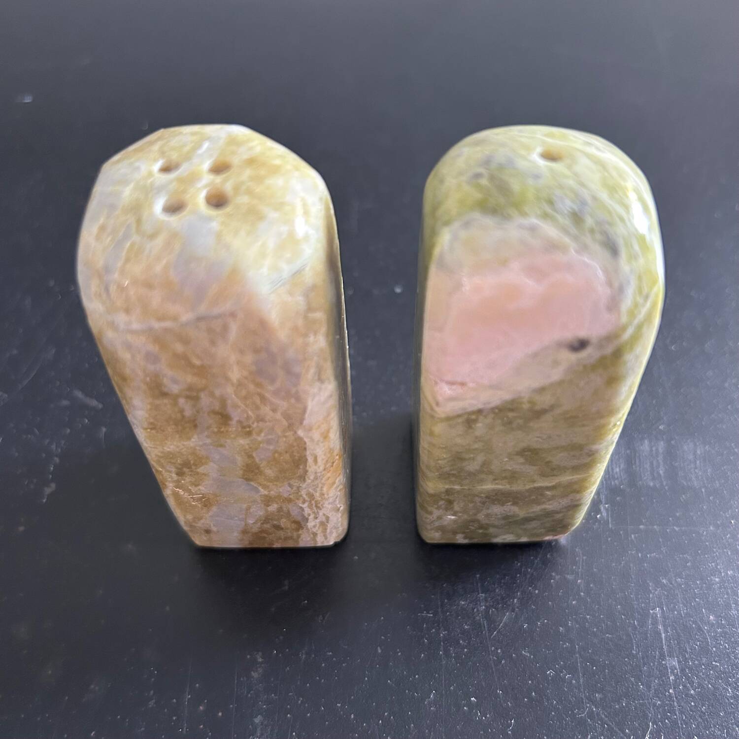 Salt and pepper shakers made of Connemara marble