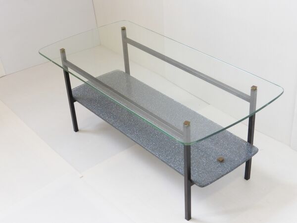 Table basse 1950 en métal et double plateau en verre vintage 50's rockabilly coffee table