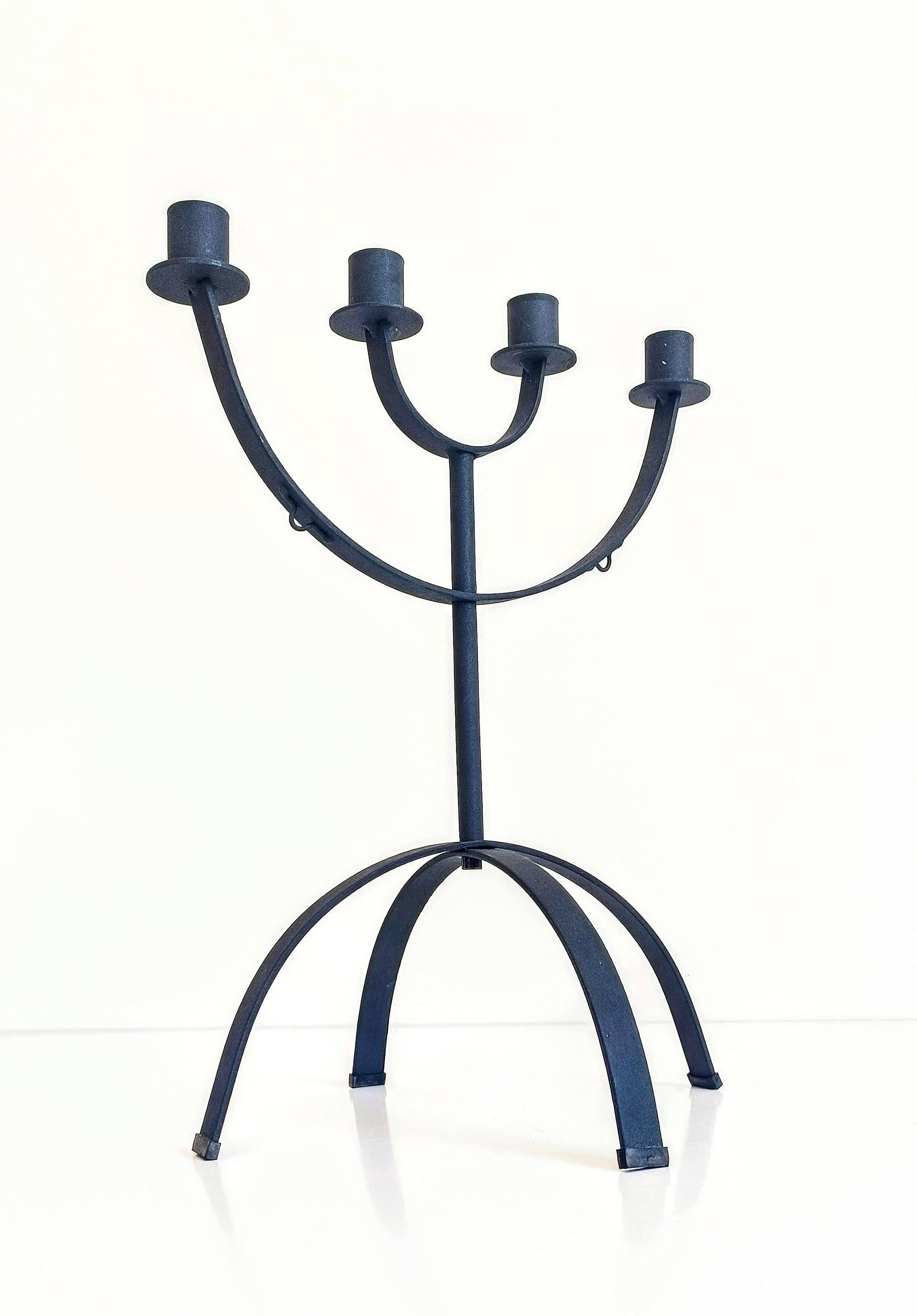 Mid-Century Minimalistic Black Wrought Iron Menorah Candelabra