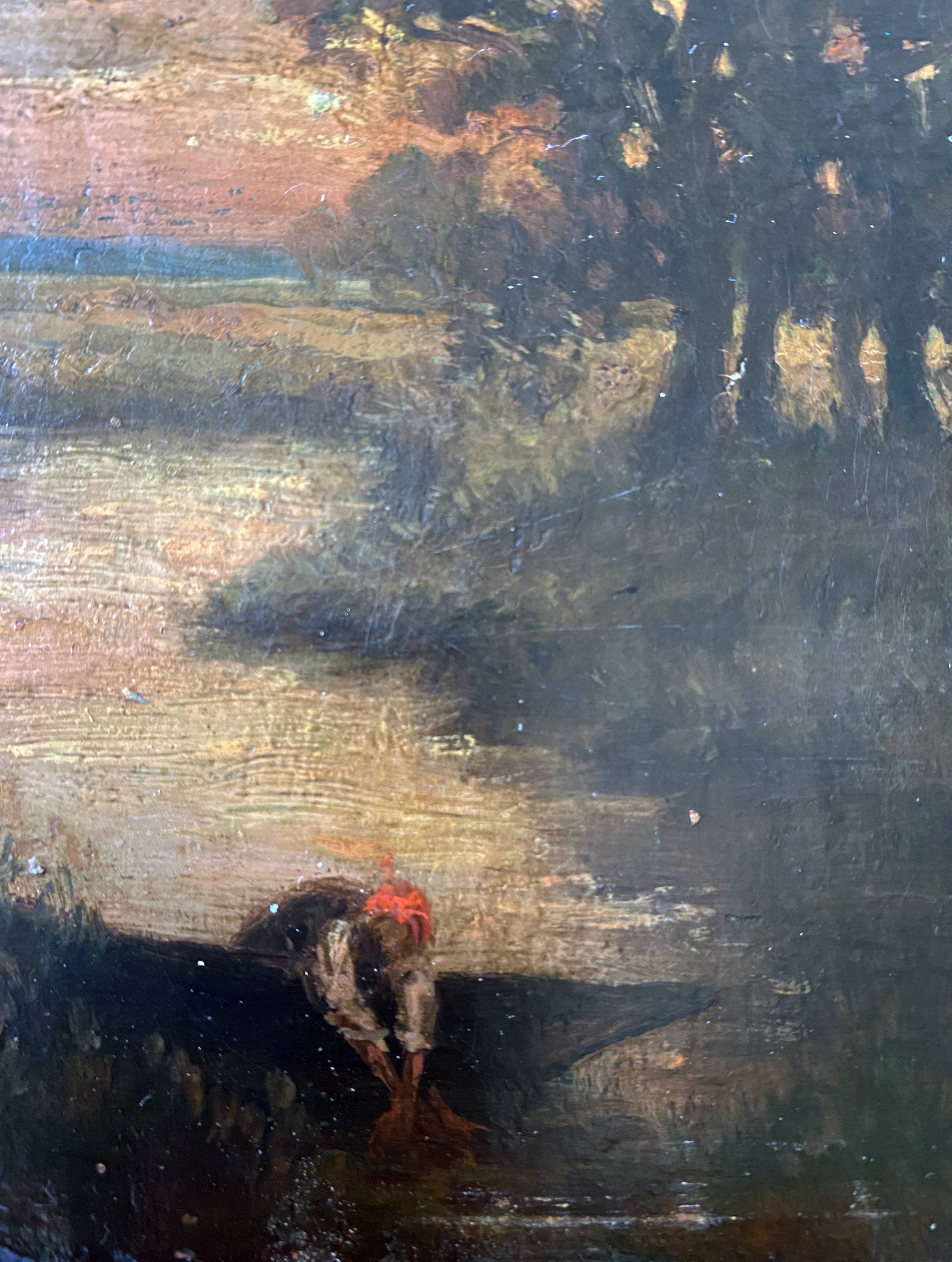 Painting "Landscape with washerwoman" cf. Théodore Rousseau XIX° + frame