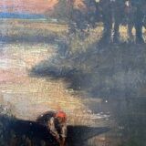 Painting "Landscape with washerwoman" cf. Théodore Rousseau XIX° + frame