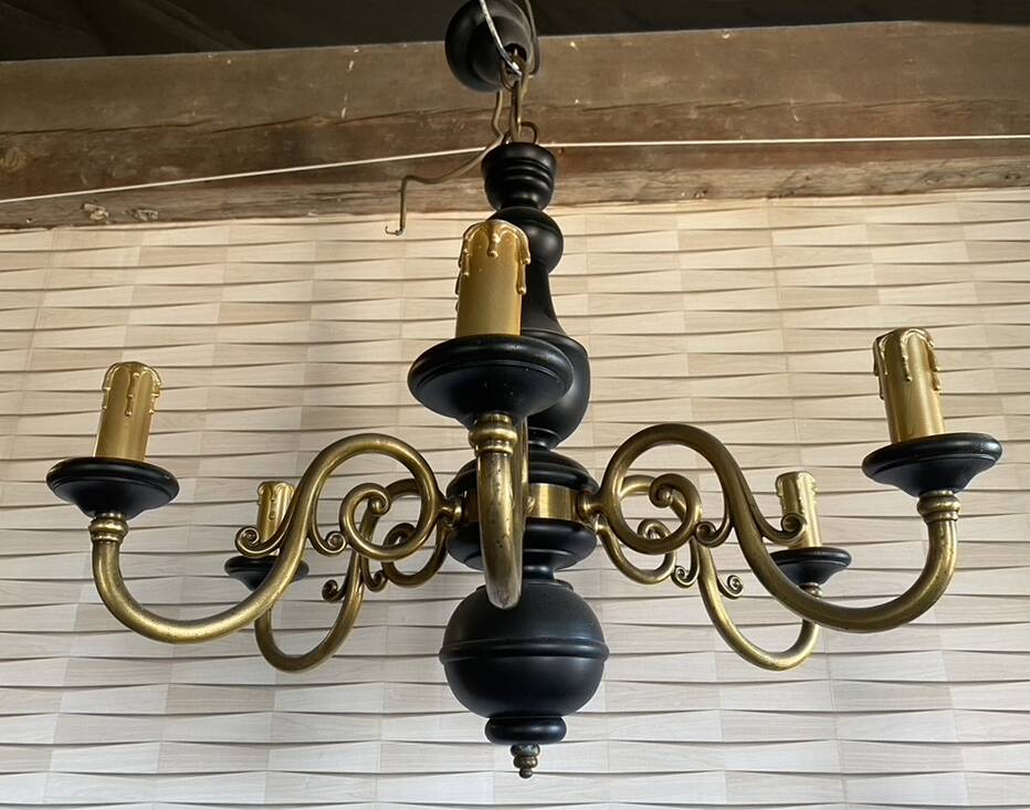 Wood and brass pendant light, black and gold, vintage, 60s.
