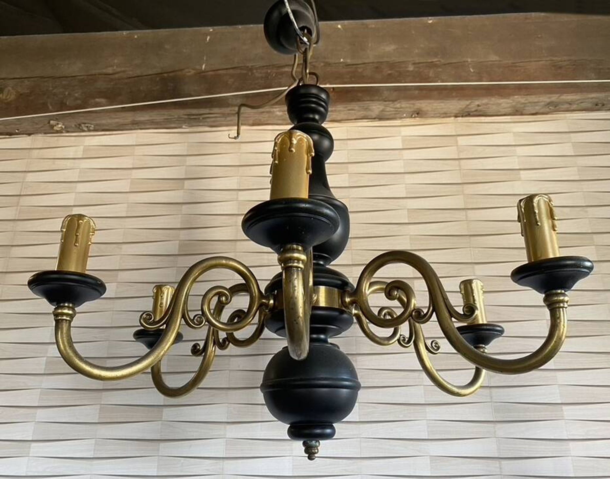 Wood and brass pendant light, black and gold, vintage, 60s.