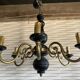 Wood and brass pendant light, black and gold, vintage, 60s.