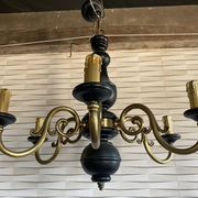 Wood and brass pendant light, black and gold, vintage, 60s.
