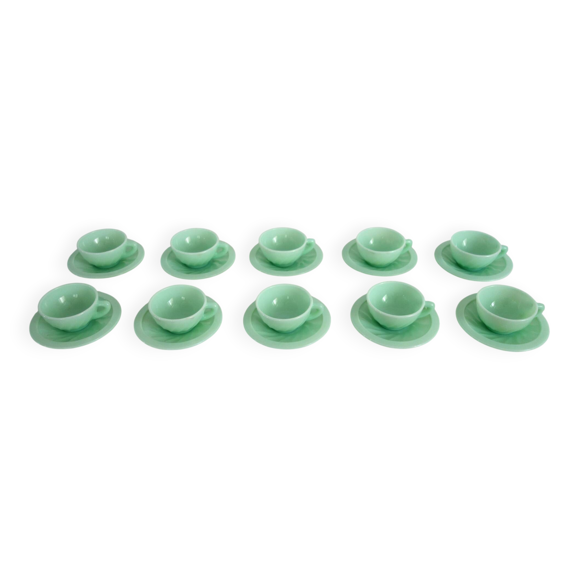10 almond green opaline cups and saucers from the 50s