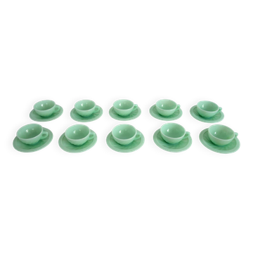10 almond green opaline cups and saucers from the 50s