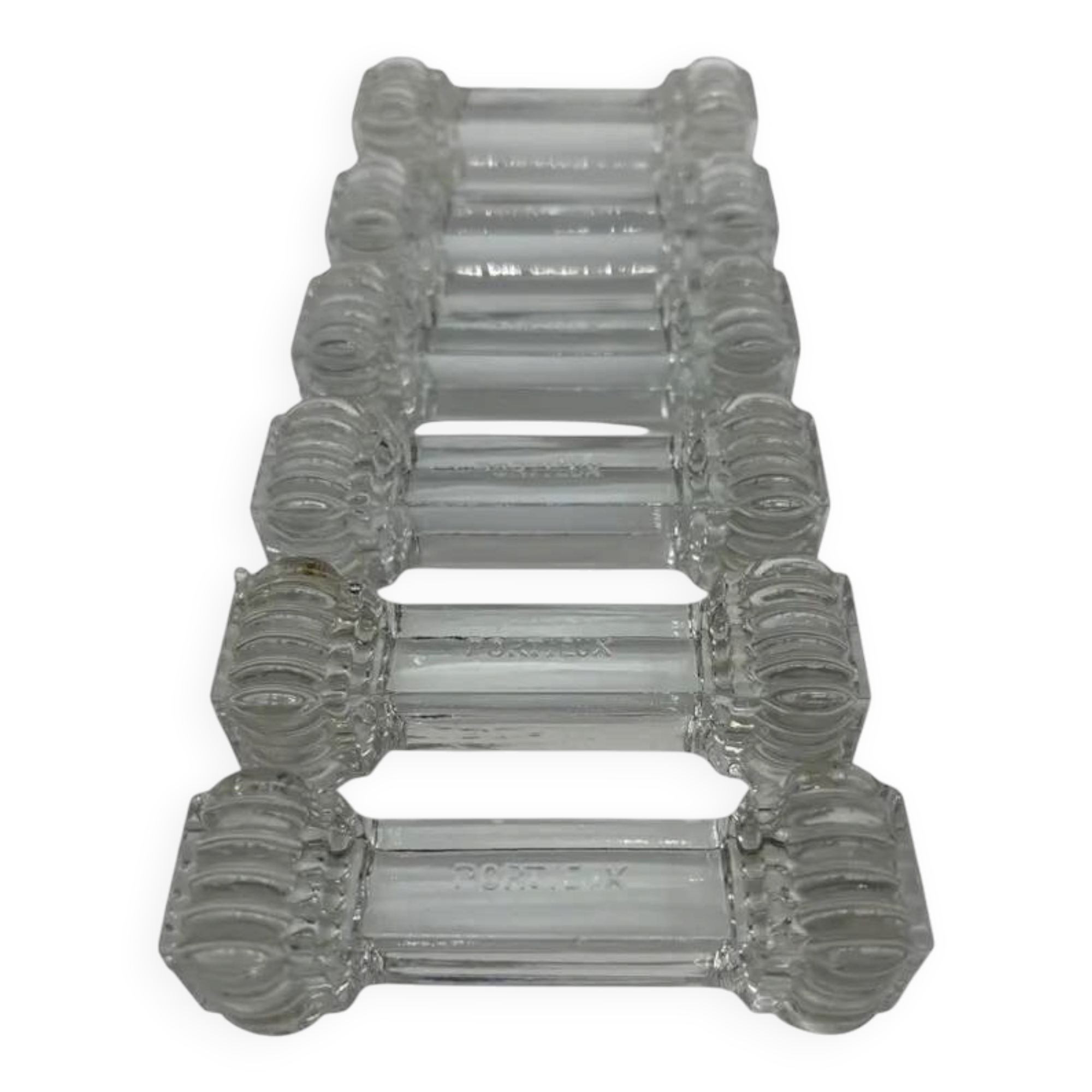 6 Portieux Art Deco knife rests in transparent moulded glass, French glassware from the 1930s.