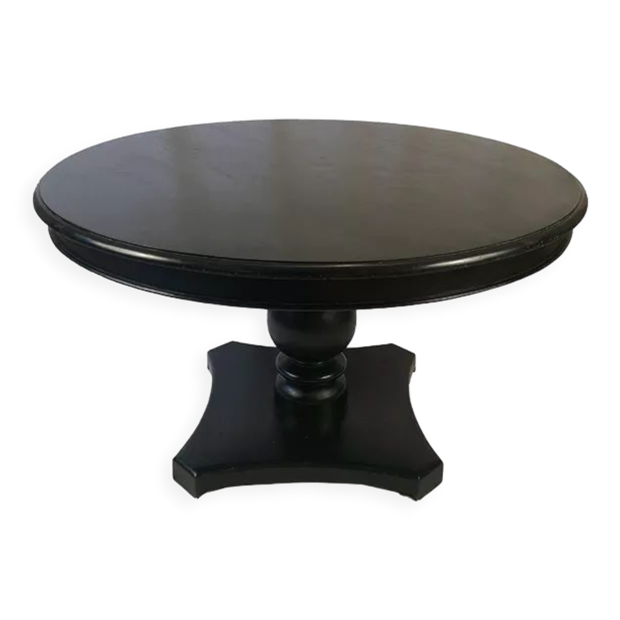Circular table in blackened wood, central baluster leg