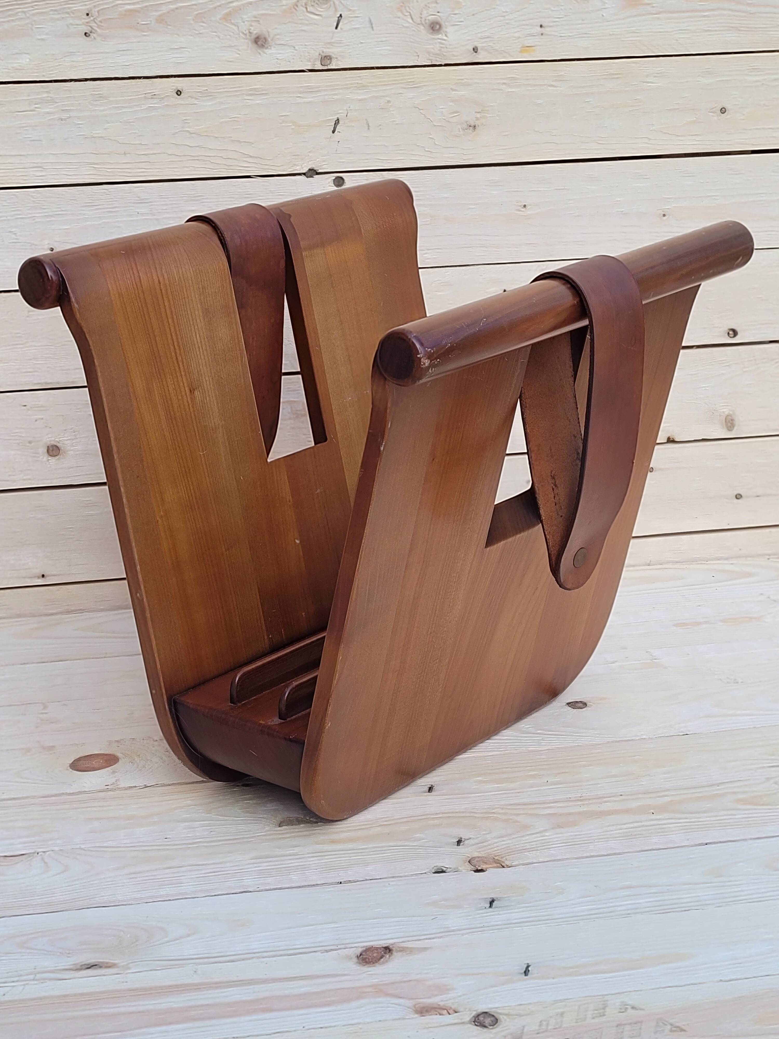 Magazine holder or vinyl in wood and leather vintage design 1960/70