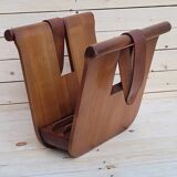 Magazine holder or vinyl in wood and leather vintage design 1960/70