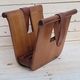 Magazine holder or vinyl in wood and leather vintage design 1960/70