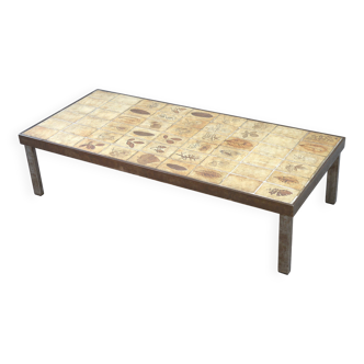 Table basse par Roger Capron modèle Herbier céramique et acier 1950