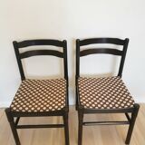 Set of 2 Vintage Wooden Dining Chairs: Brown & White Polka Dot Fabric 80s