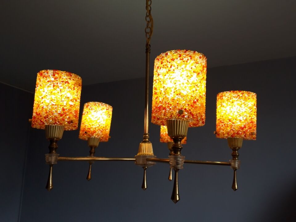 Pendant lamp with 5 tubes of lights in perspex granite orange vintage 60
