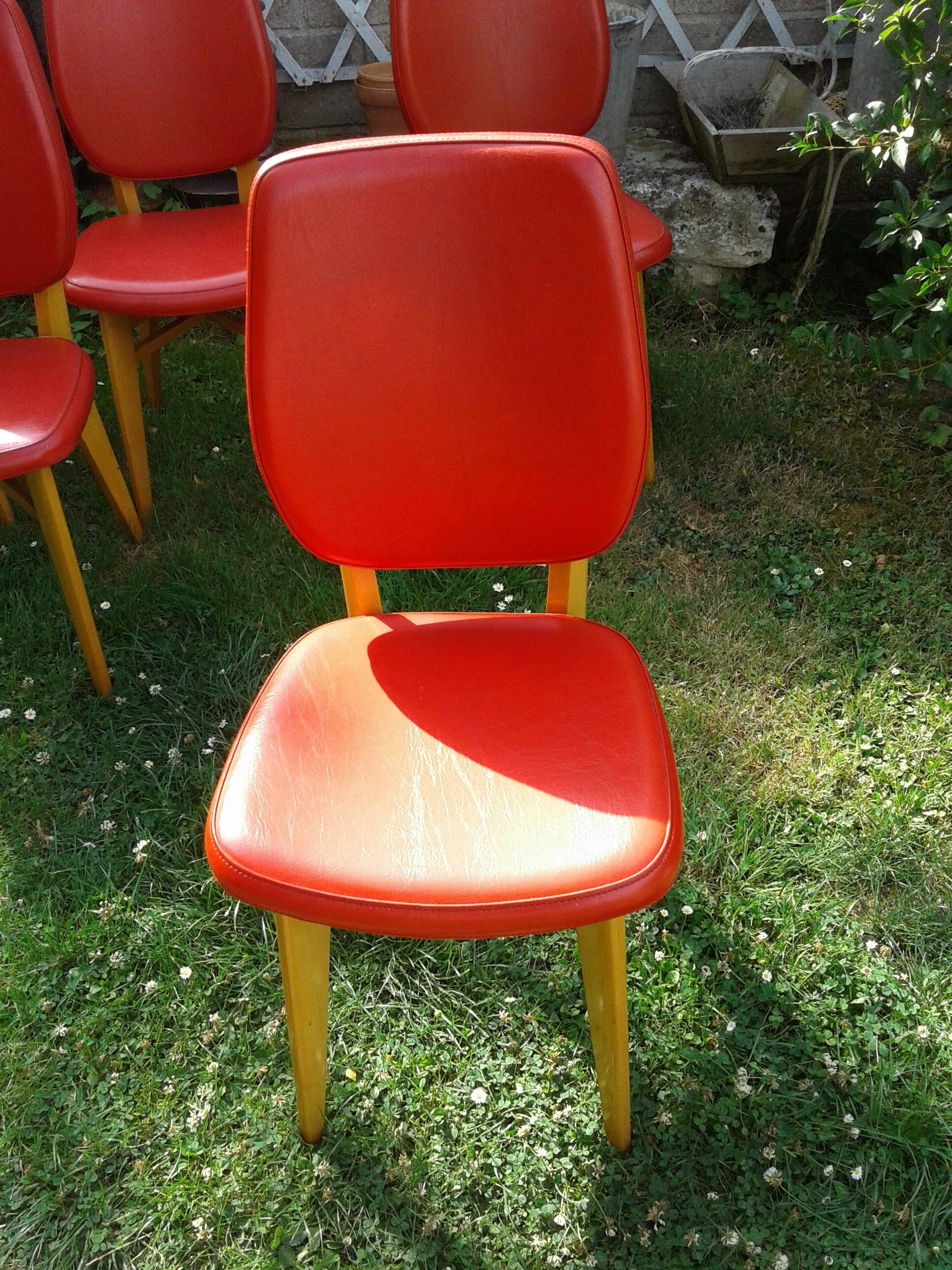 Set of 6 chairs in wood covered with red skai