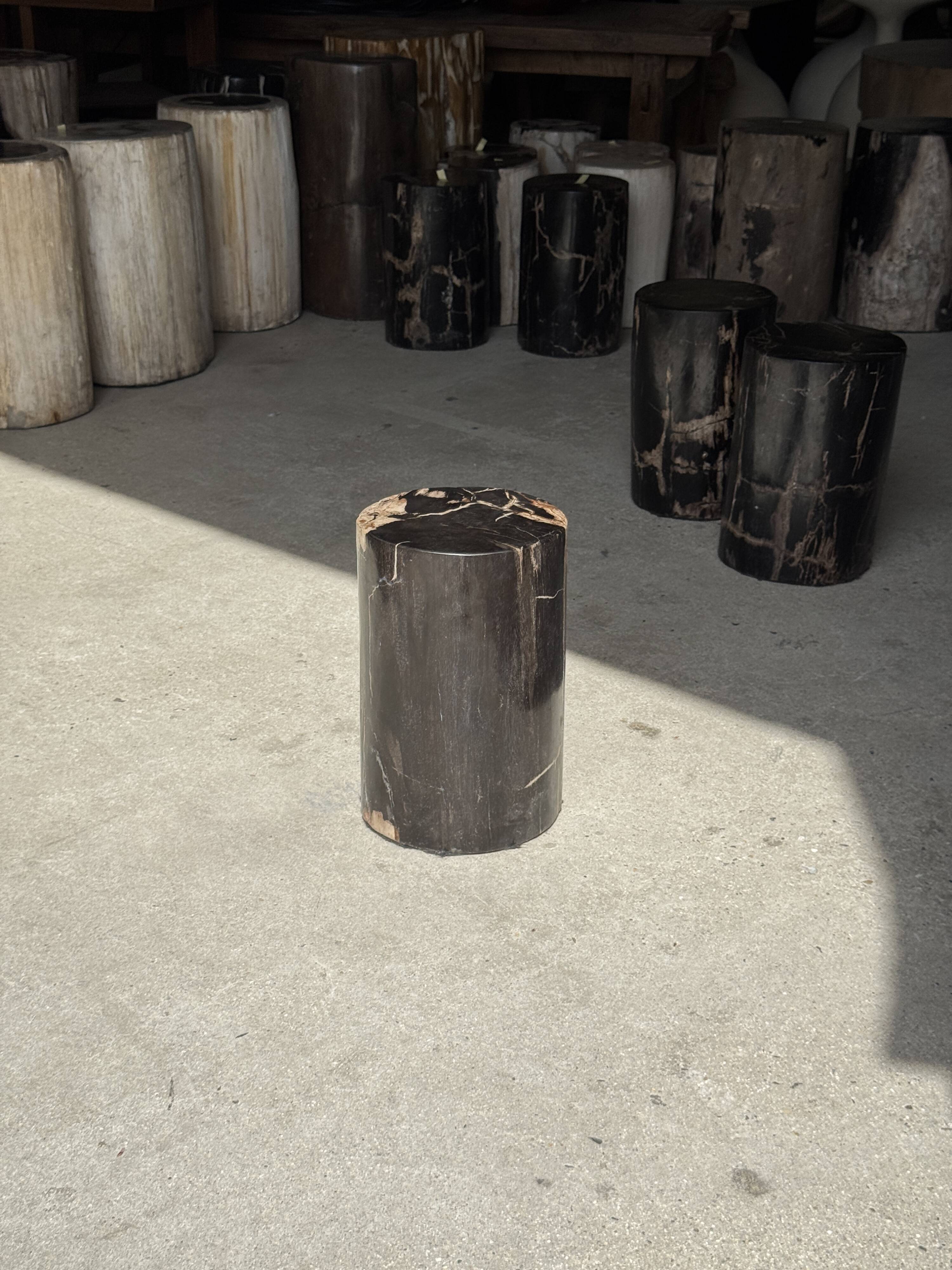Small side table in black petrified wood with stripes and beige sides H28 D18.