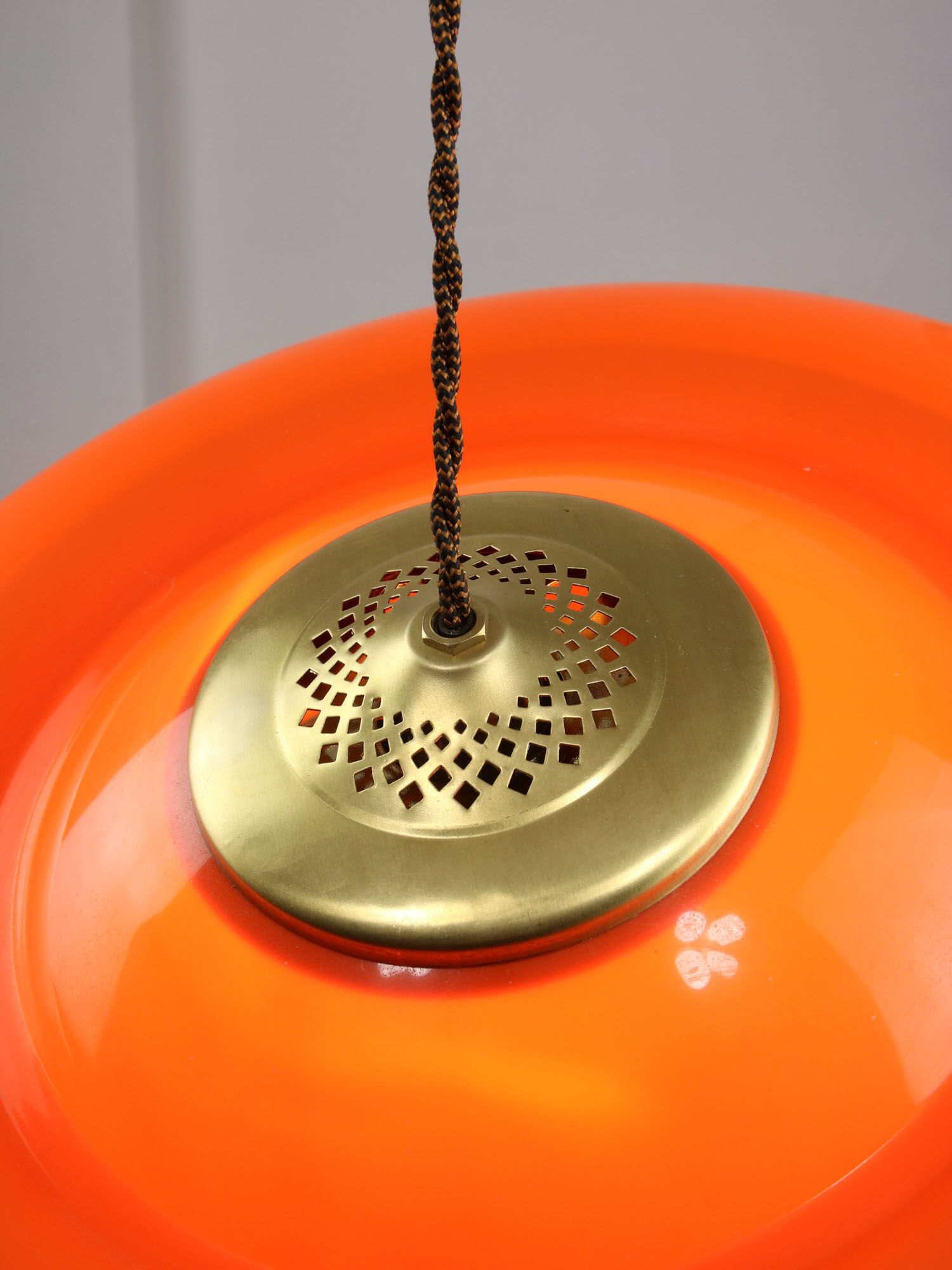 Space-age orange brass and plexiglass pendant lamp 70s