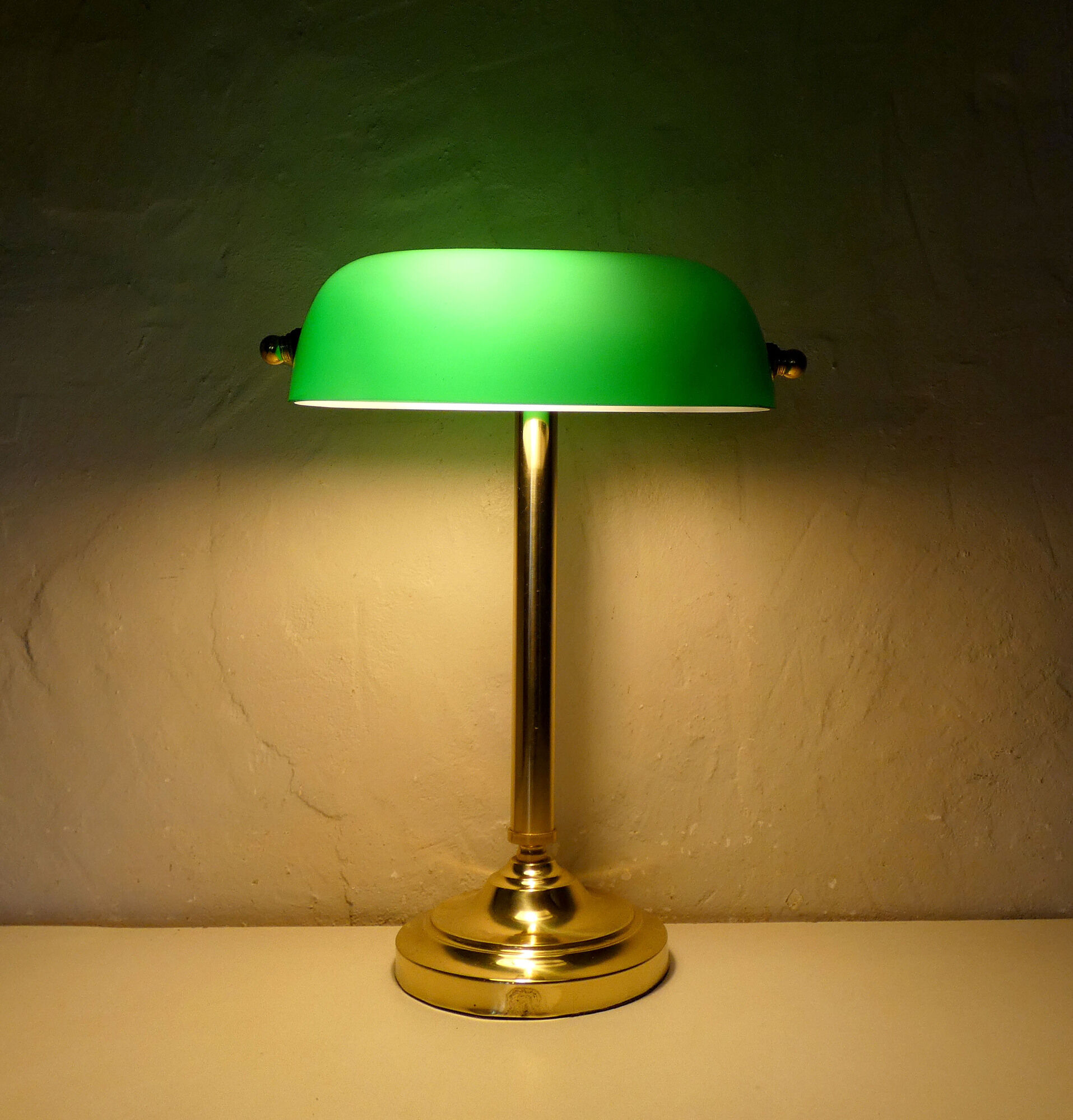 Brass green banker's lamp and vintage glass paste