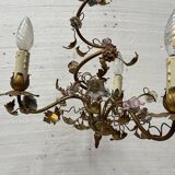 Louis XVI style chandelier in gilded metal and porcelain flowers, 20th century