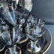 Complete shot service in silver-gray and engraved gold crystal