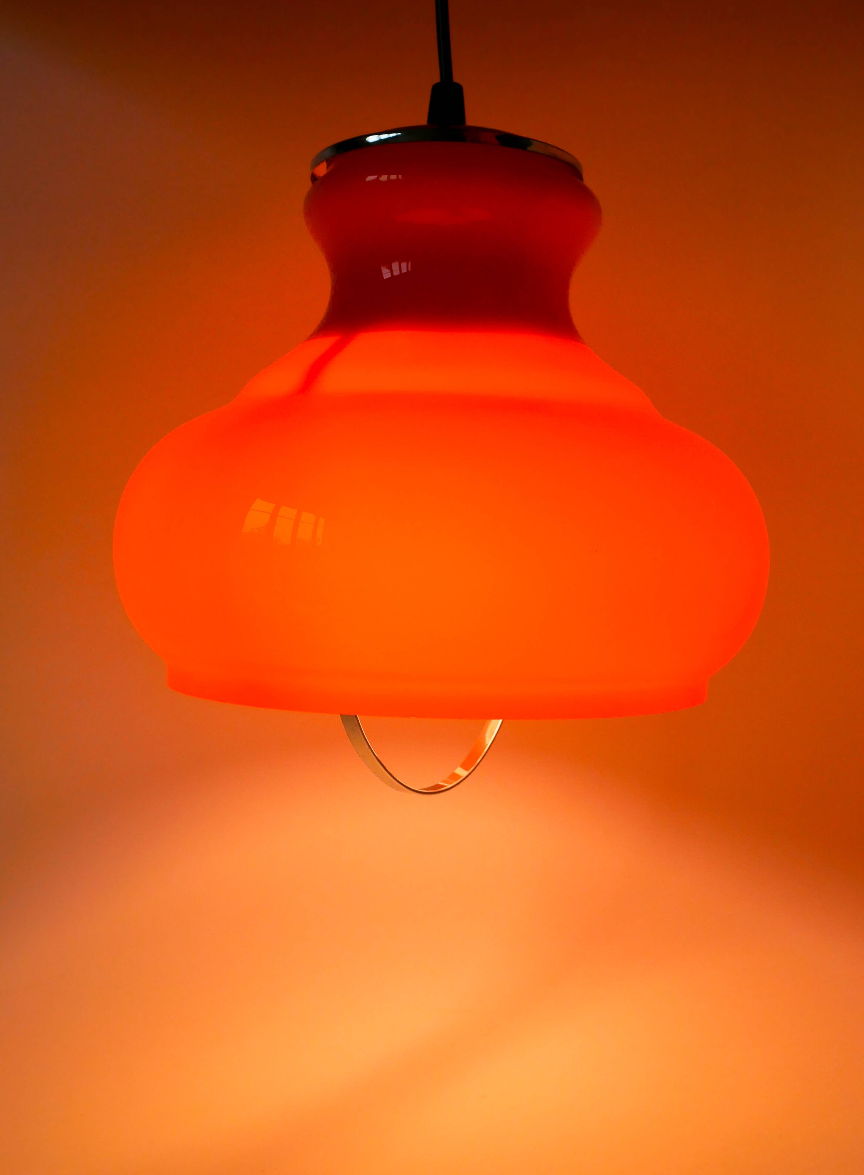 Orange opaline pendant light with metal arch, Design, 1970