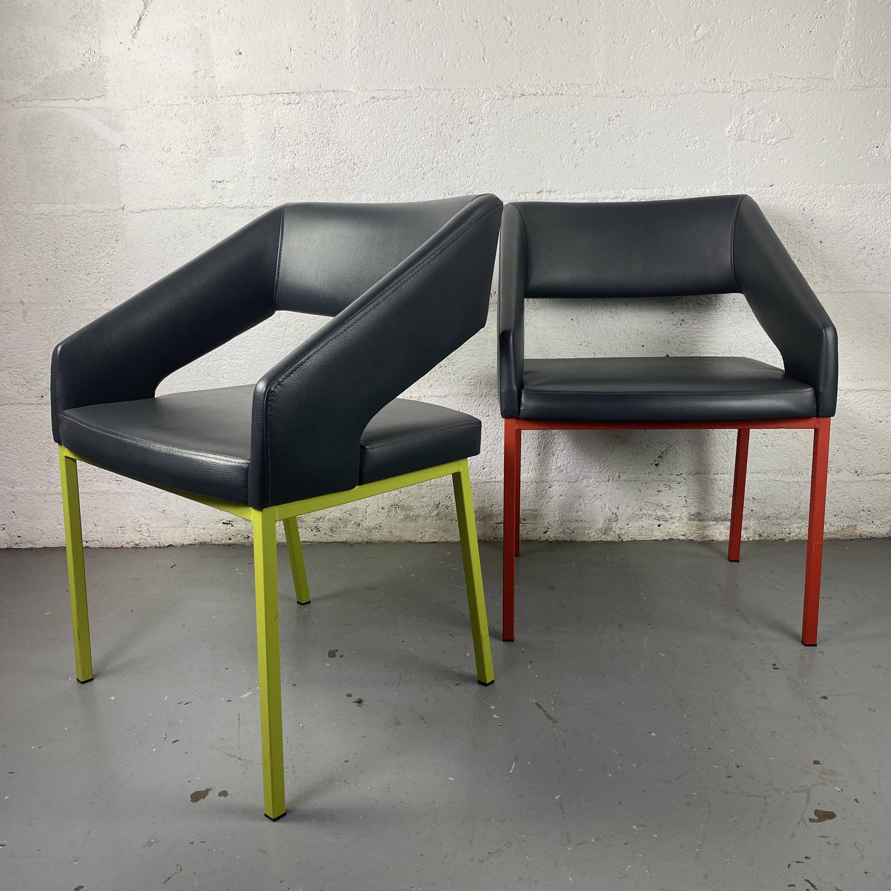 Pair of metal and leather armchairs / Green & Red