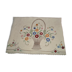 Nappe lin ecru brodé fleurs multicolores