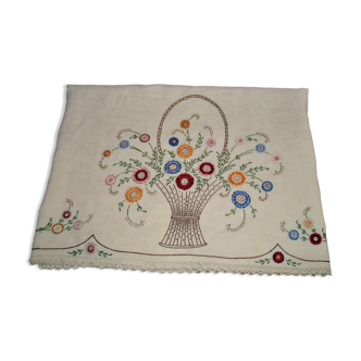 Nappe lin ecru brodé fleurs multicolores vintage français 1950 carré