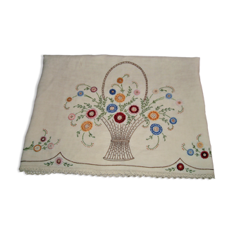 Linen tablecloth ecru embroidered multicolored flowers vintage french 1950