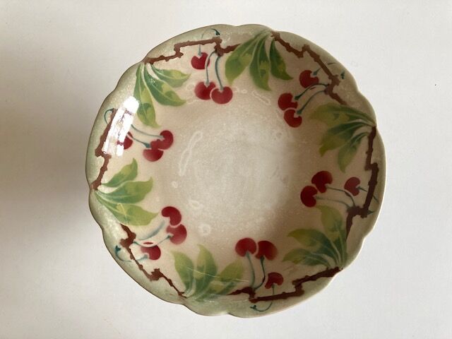 Plate mounted compotier with fruit iron earth with cherry decoration 1930