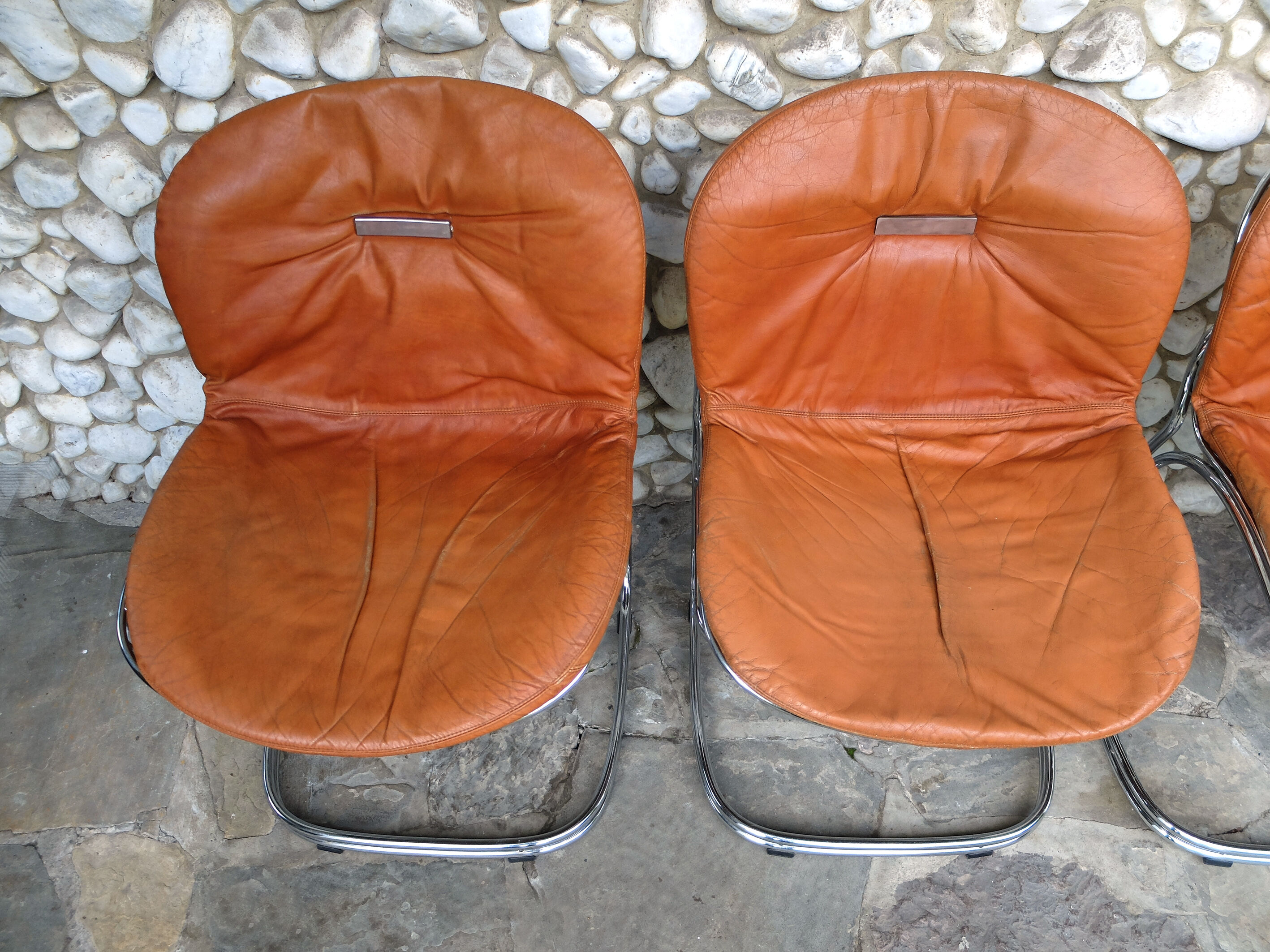Series of 4 chairs Sabrina design Gastone Rinaldi for Rima, tawny leather, 1970