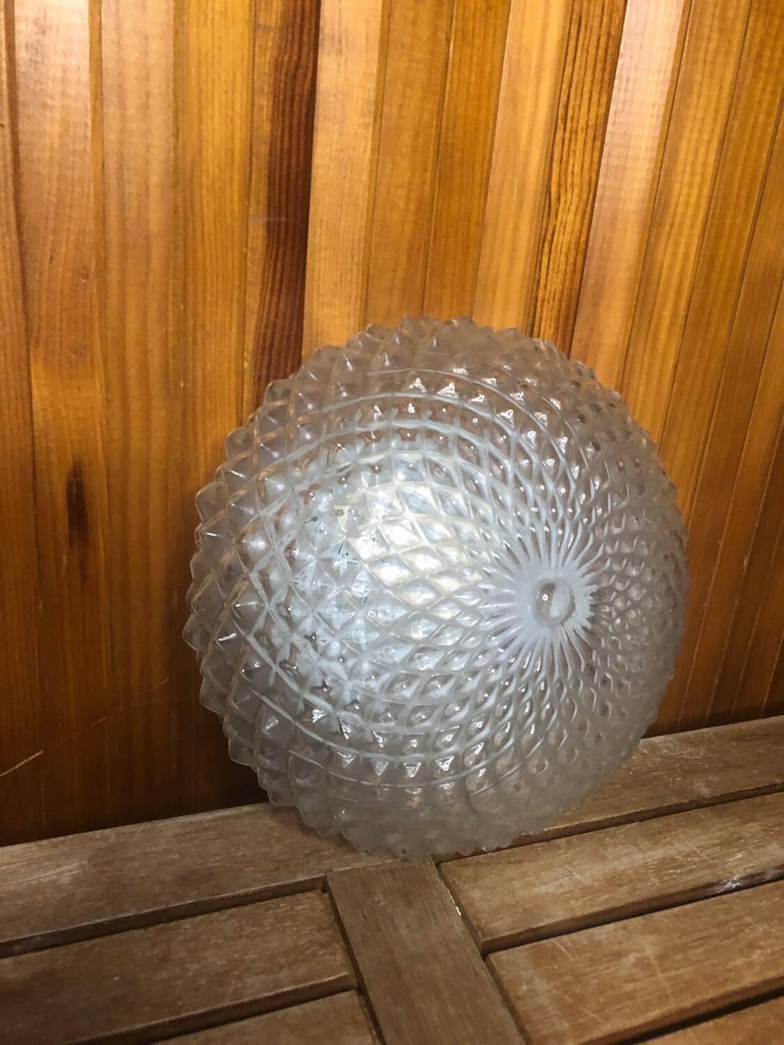 Old molded glass ceiling light + vintage white metal support