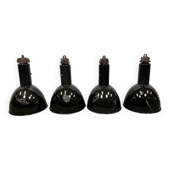 Ensemble de 4 suspensions industrielles Bauhaus Black Enamel, années 1960