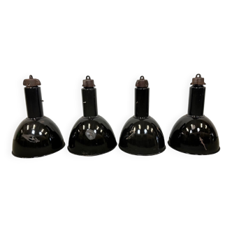 Set of 4 Industrial Bauhaus Black Enamel Pendant Lamps, 1960s