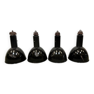 Set of 4 Industrial Bauhaus Black Enamel Pendant Lamps, 1960s