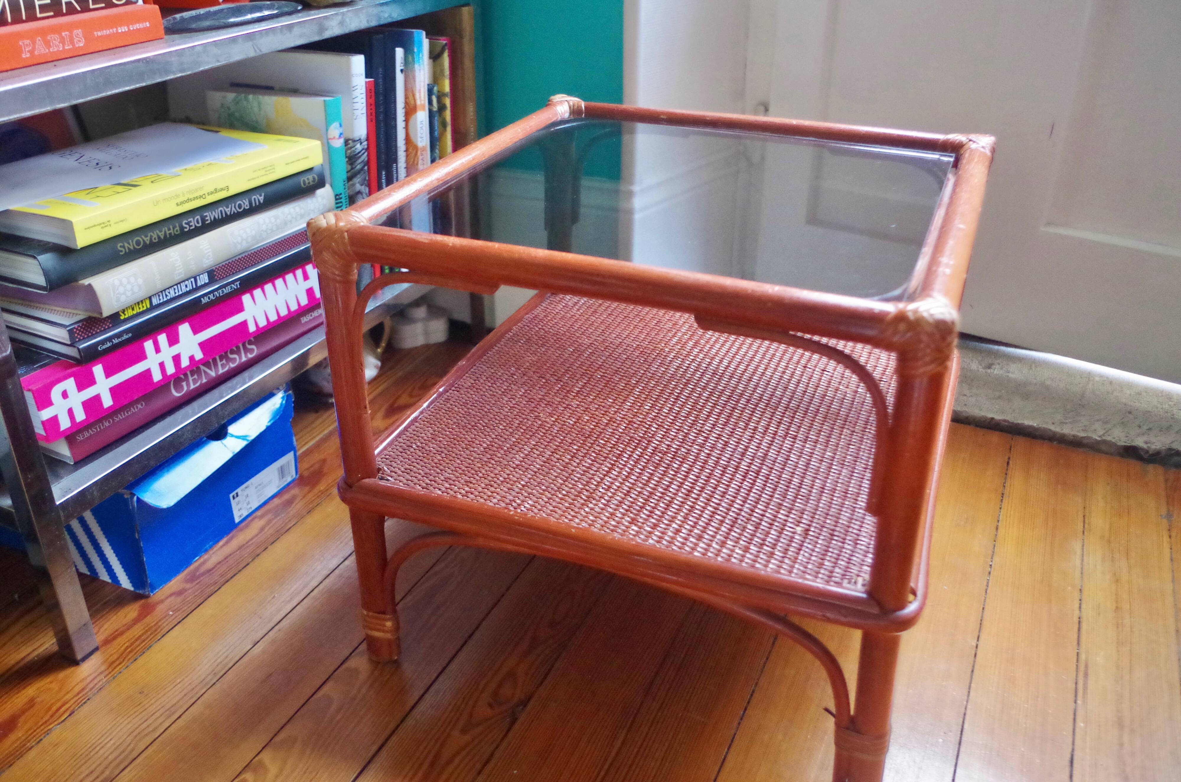 Varnished rattan coffee table and smoked glass top