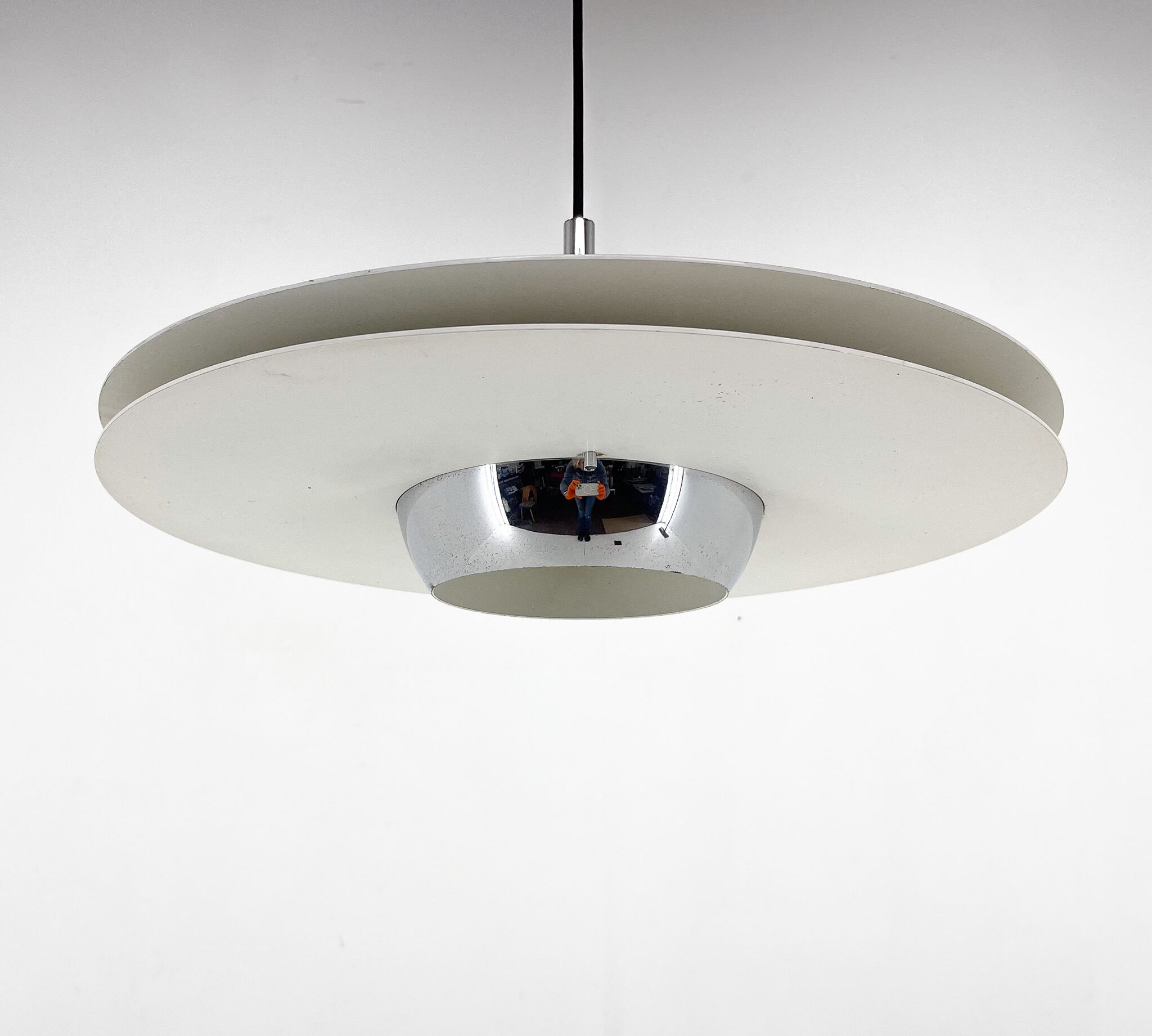 1970's ufo chrome & lacquered metal space age pendant, Italy