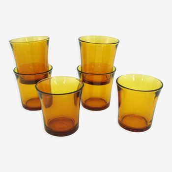 6 amber yellow tempered glass cups Duralex France vintage 70s