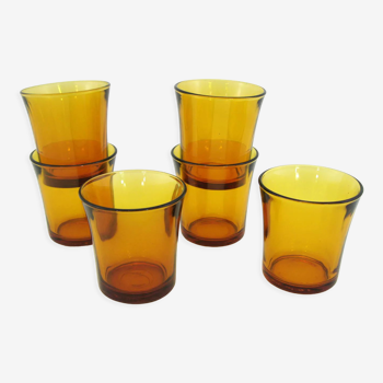 6 gobelets en verre trempé jaune ambré Duralex France vintage années 70