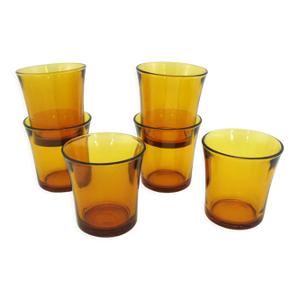 6 gobelets en verre trempé jaune ambré Duralex France vintage années 70