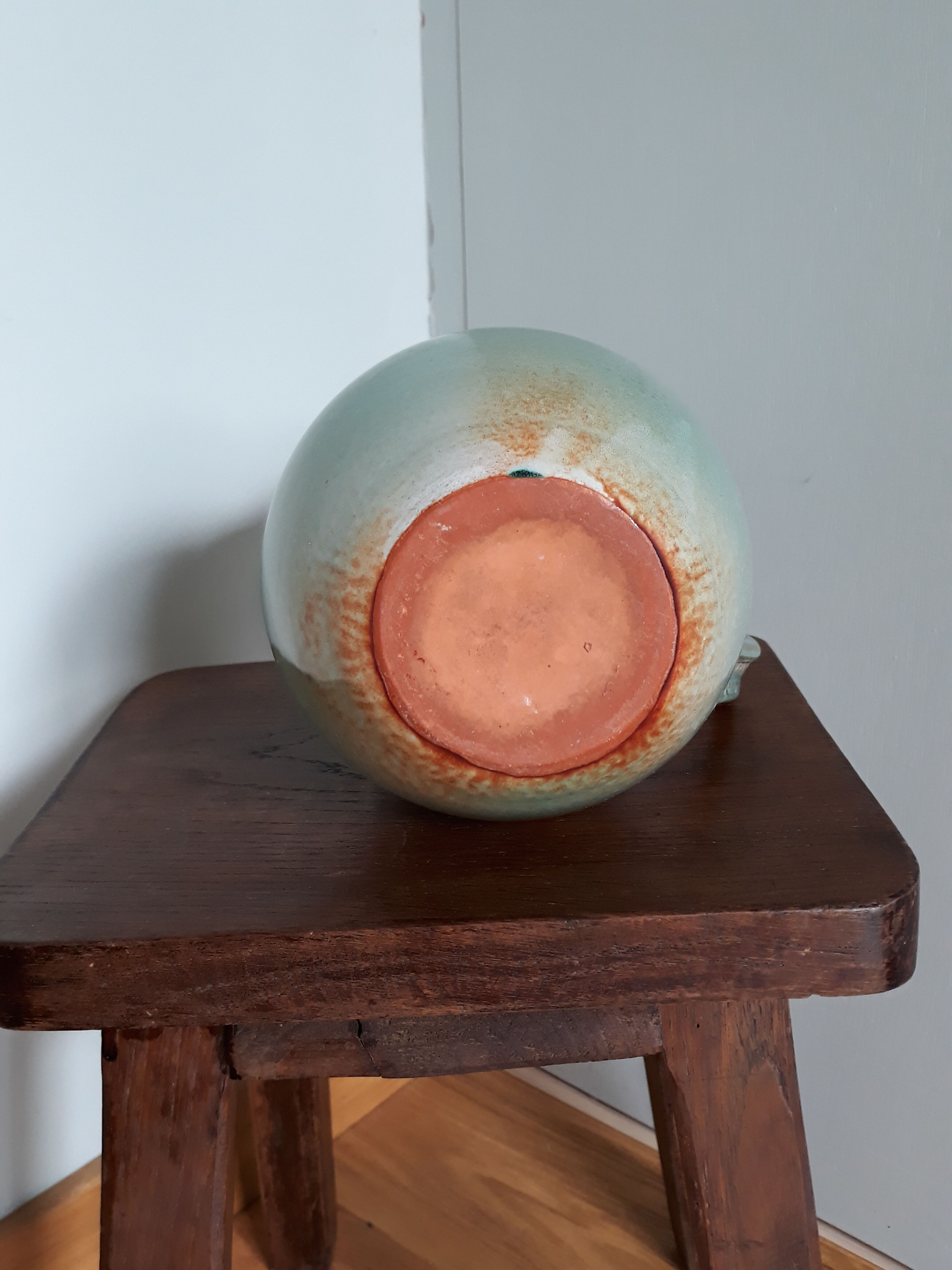 Pitcher with handle green celadon turquoise and caramel