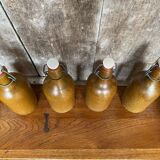 Set of 4 Old Beige Stoneware Bottles + Vintage Porcelain Stopper