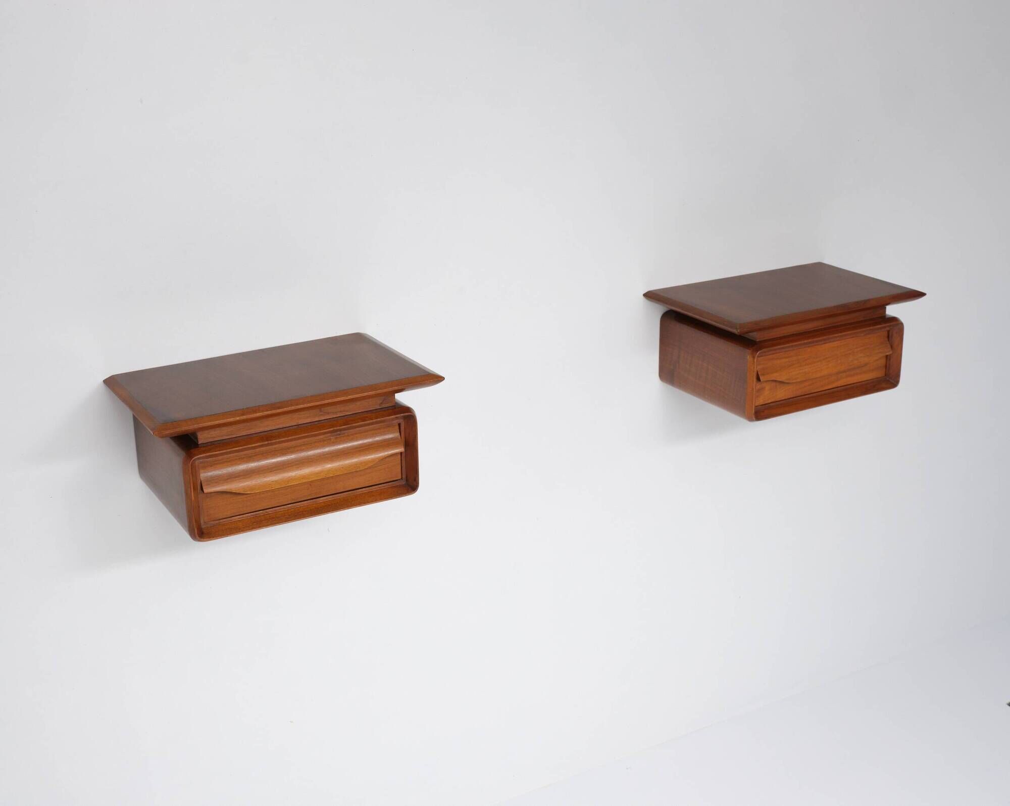 Pair of 1950s Italian Wall-Mounted Wooden Nightstands with Single Drawer